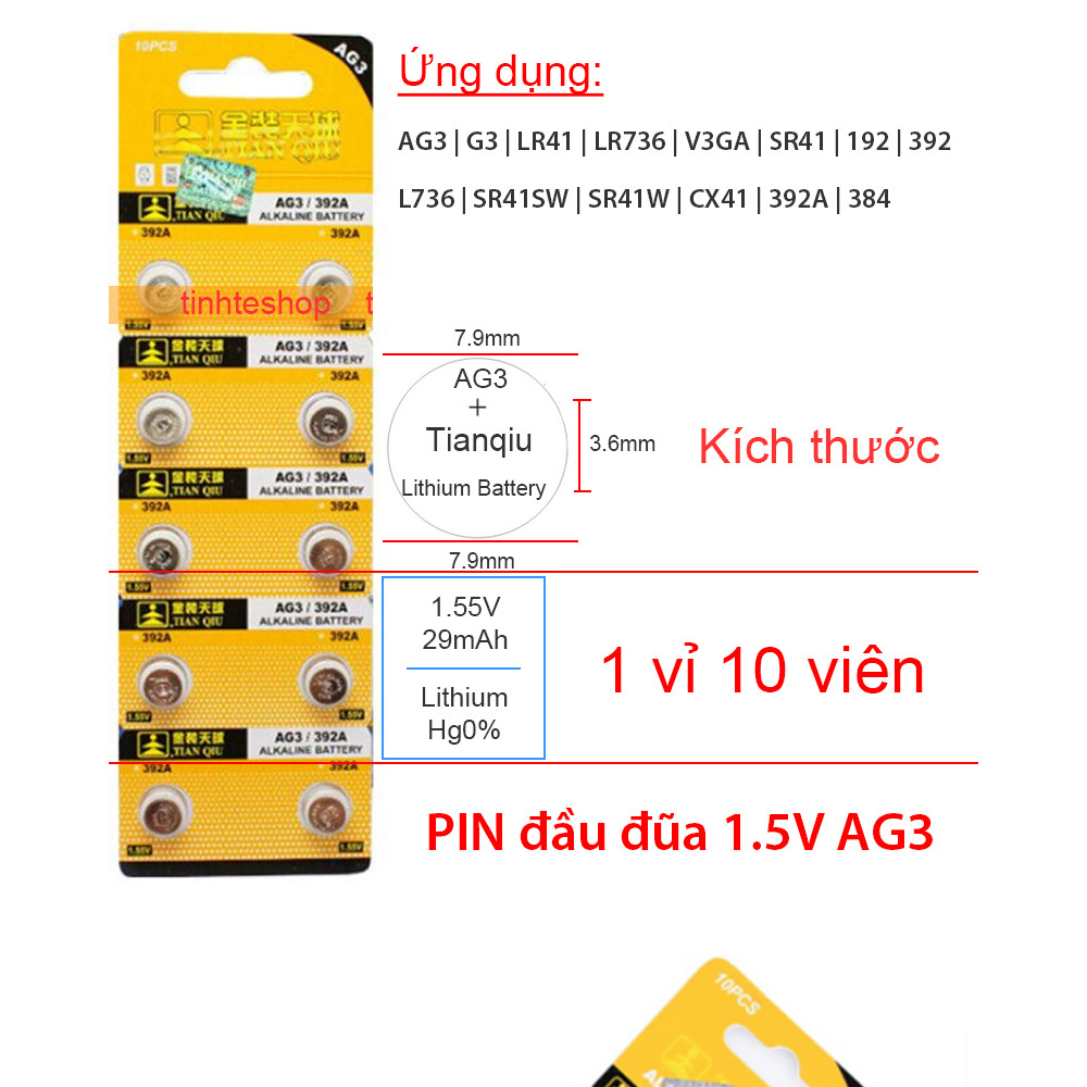Pin Đồng Hồ AG3 LR41 CX41 LR41W Vỉ 10 Viên - Pin Đồng Hồ AG3 Bền Bỉ