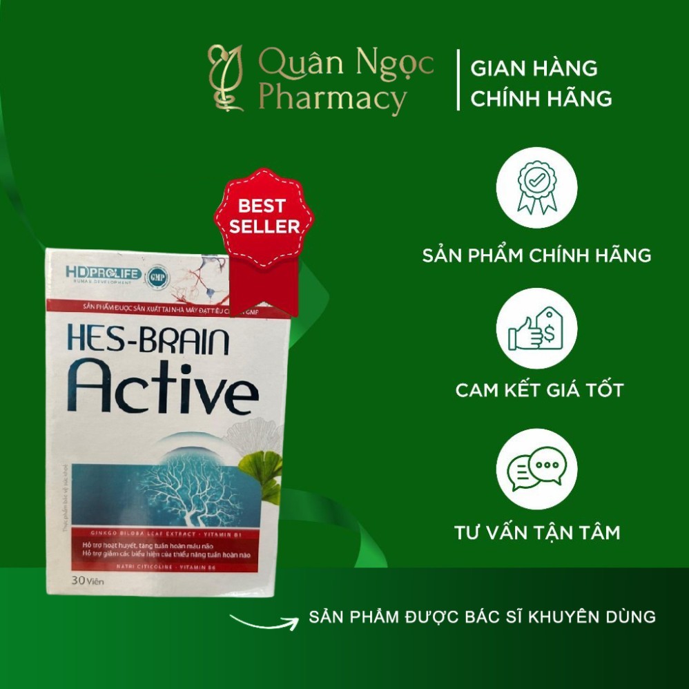 Viên uống bổ não - Hes brain active - Lọ 30 viên - Hỗ trợ hoạt huyết giảm đau đầu, tê bì tay chân, đ