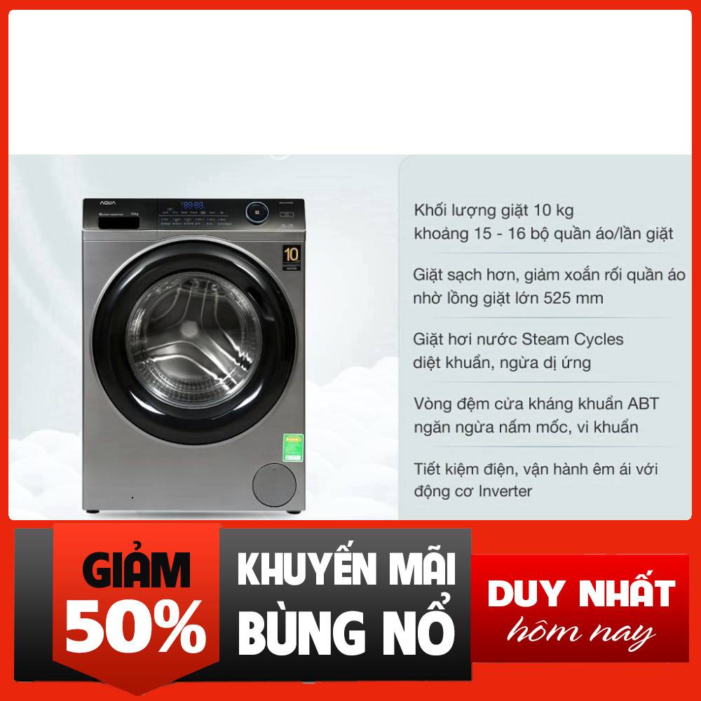 Sale  Máy giặt Aqua 10 Kg Inverter AQD-A1000G S Điện Máy Mới 2021 free ship