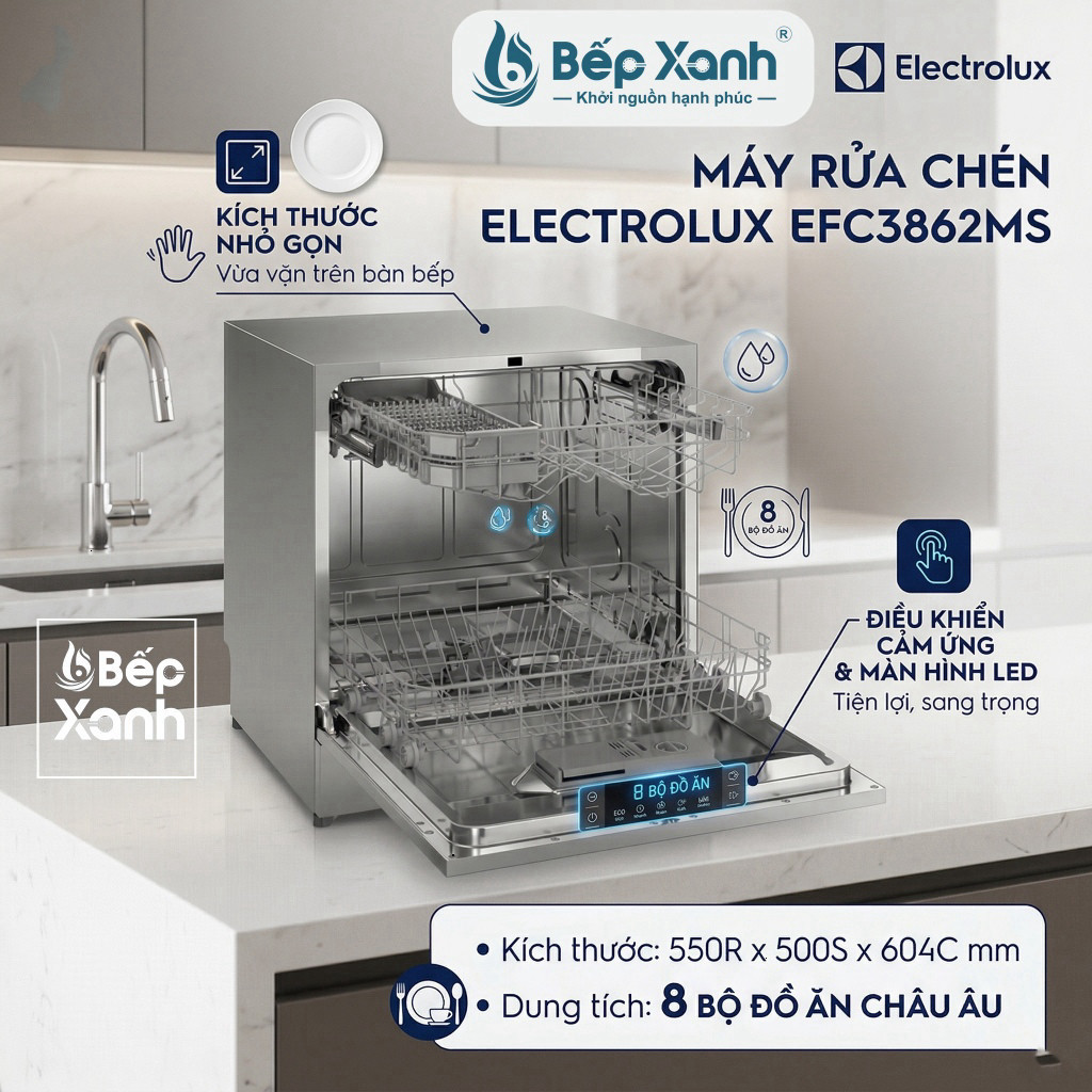 Máy Rửa Bát Electrolux EFC3862MS 8 Bộ  Công Nghệ Tiên Tiến 2026, Rửa Sạch Sâu, Độ Ồn Cực Thấp, Tiết 
