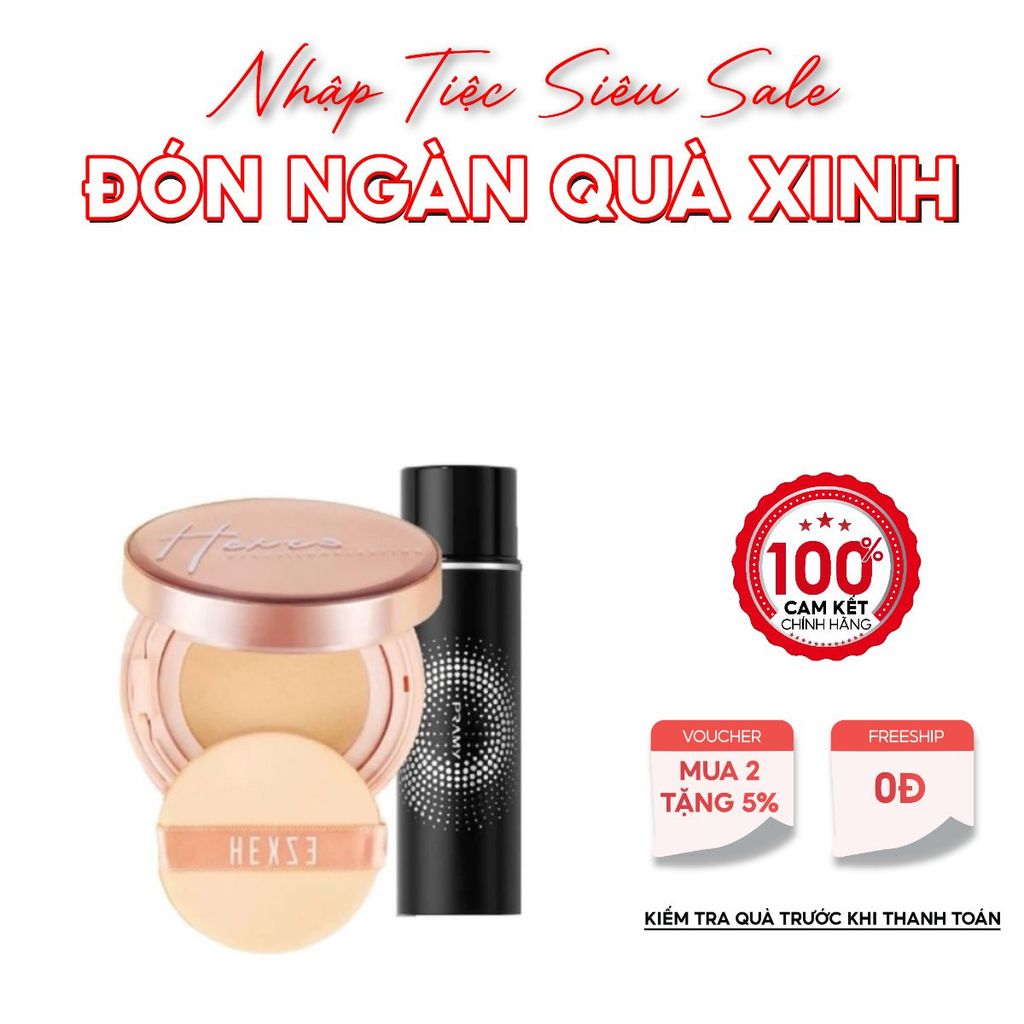 Combo Cushion Hexze + Xịt Khoá Nền Pramy – Lớp Nền Căng Mịn, Bền Màu Suốt Ngày 2025