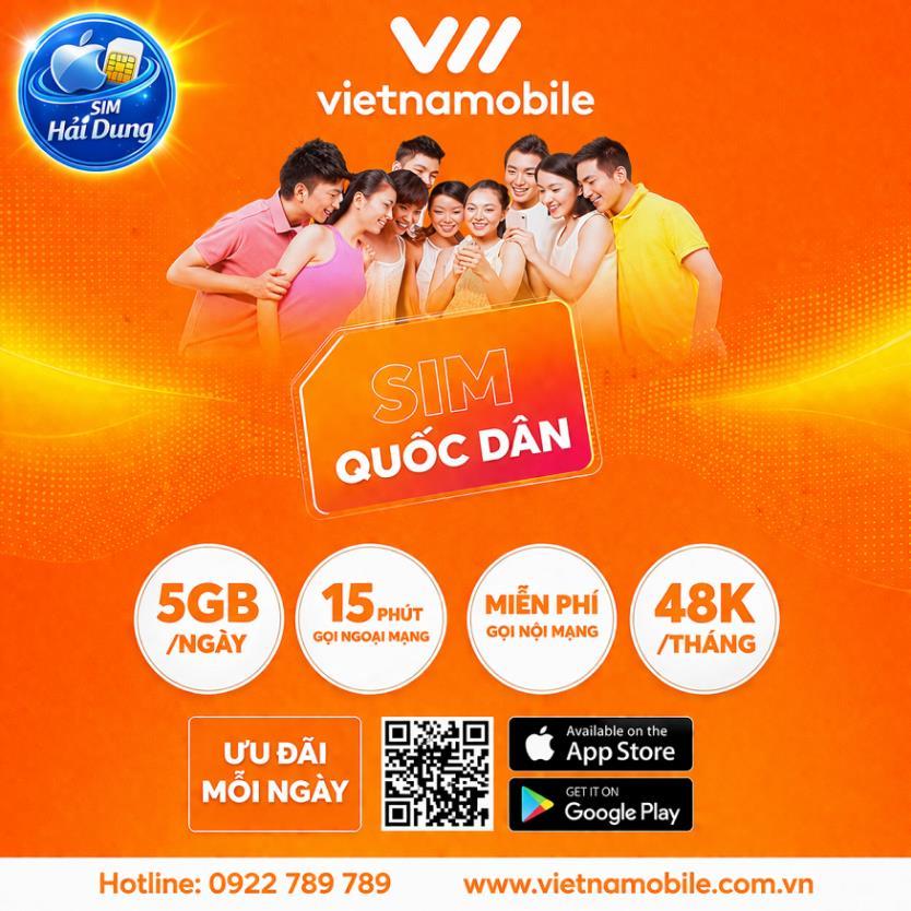 SIM QUỐC DÂN Vietnamobile 4G Ngày 5GB Miễn Phí Gọi Nội Mạng 15P Ngoại Mạng Chỉ 48k/tháng
