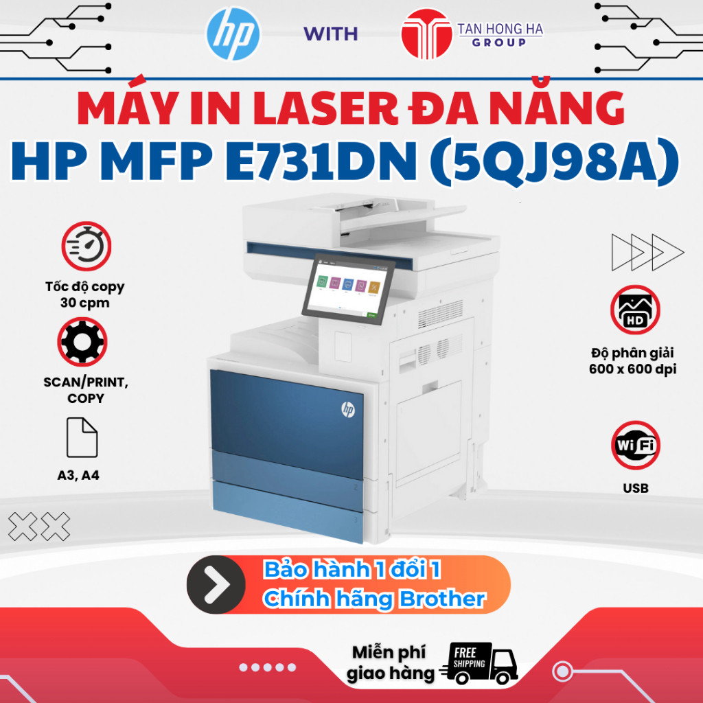 Máy in Laser đa năng A3/A4 HP MFP E731DN(5QJ98A), In đảo mặt - In, Copy, Scan - Bảo hành 12 tháng - 