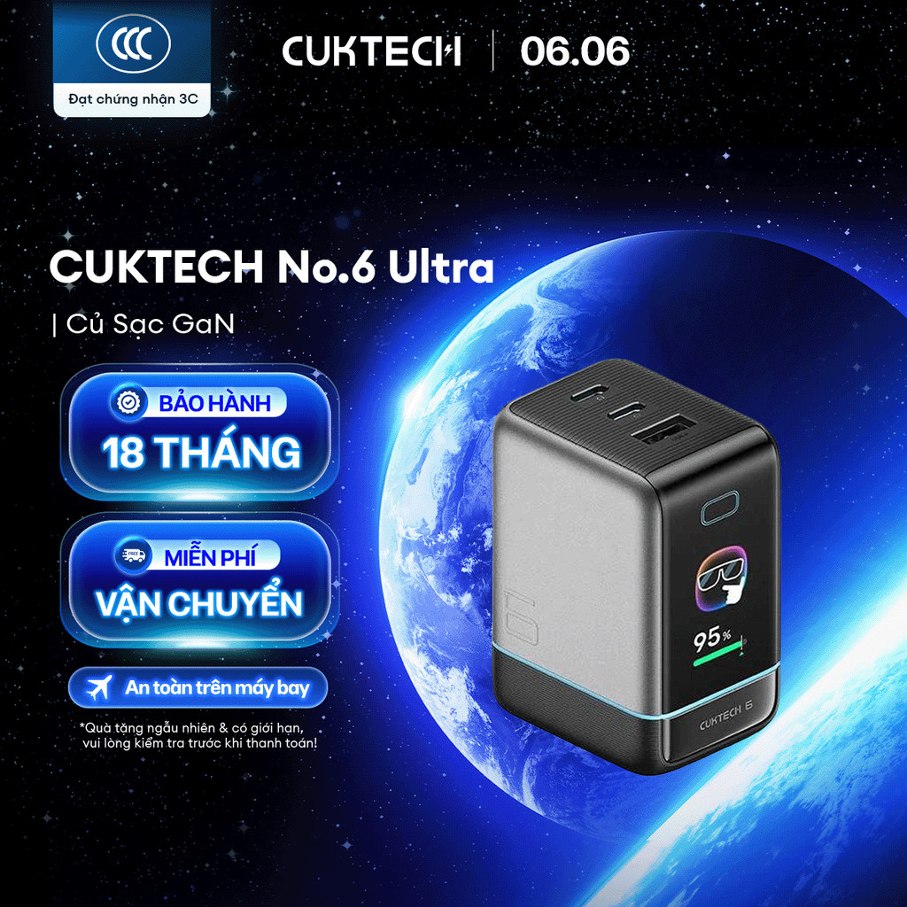 Củ sạc 3 cổng Cuktech 6 Ultra 100W-AD653U | Bảo hành 18 tháng