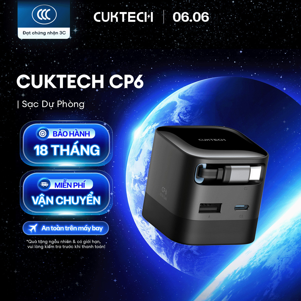 Củ Sạc GaN CUKTECH CP6 Kèm Cáp C Rút Gọn | Công Suất Sạc MAX 67W | Cổng Sạc 2C1A | Bảo hành 18 Tháng