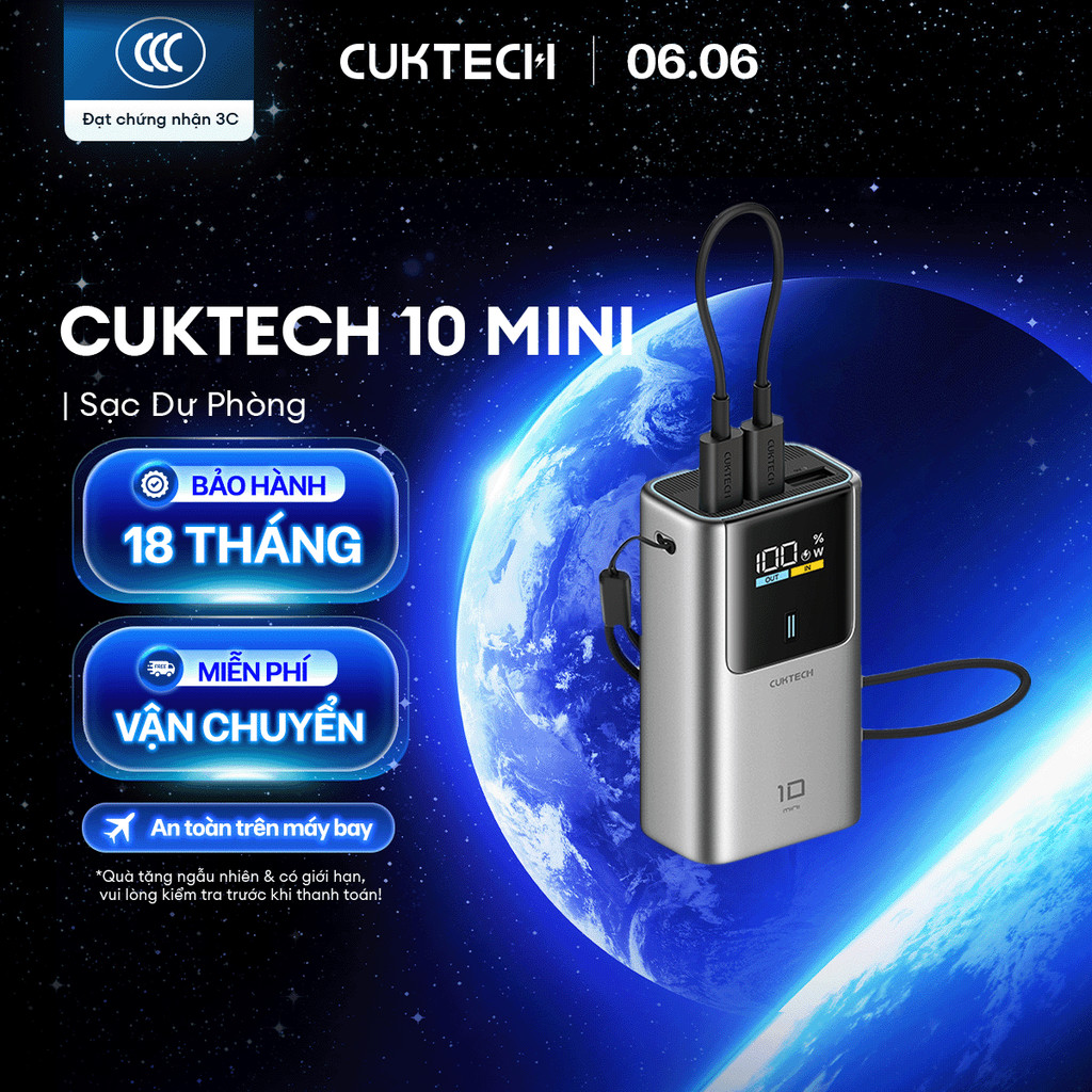 CUKTECH 10 MINI Sạc Di Động 2C1A | Sạc Nhanh 55W Max | Dung Lượng 10.000mAh | Bảo Hành 18 Tháng PB1055