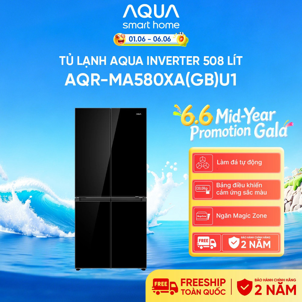( Tủ lạnh 4 cánh Inverter Aqua 508L AQR-MA580XA(GB)U1 - Bảo hành 2 năm - Freeship toàn quốc