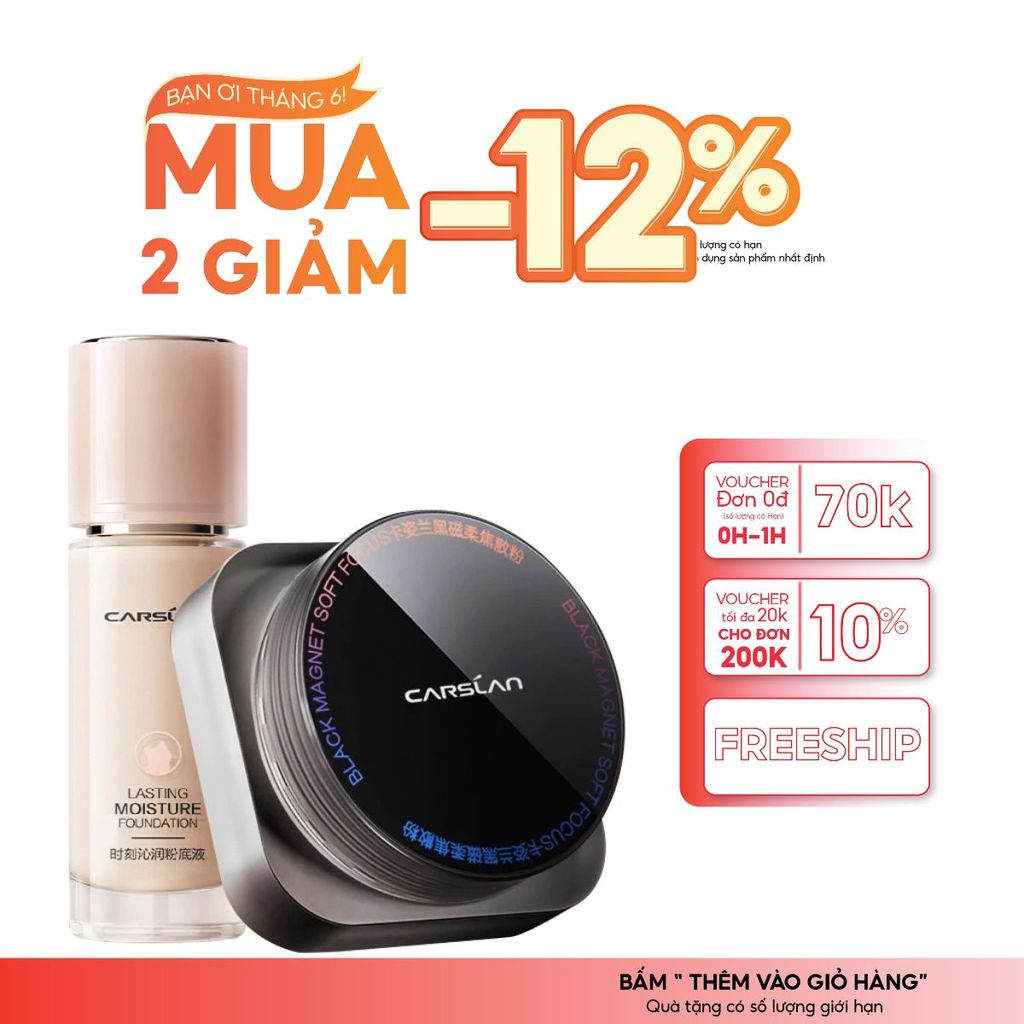 Combo Kem Nền Carslan 30g + Phấn Phủ Bột Carslan 8gLớp Nền Mỏng Mịn, Lâu Trôi, Kiềm Dầu, Không Cakey