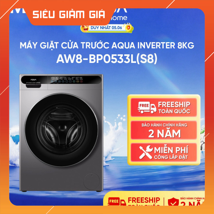 Máy Giặt Cửa Trước AQUA Inverter 8kg AW8-BP0533L(S8) Cao Cấp 8kg Tương Tác