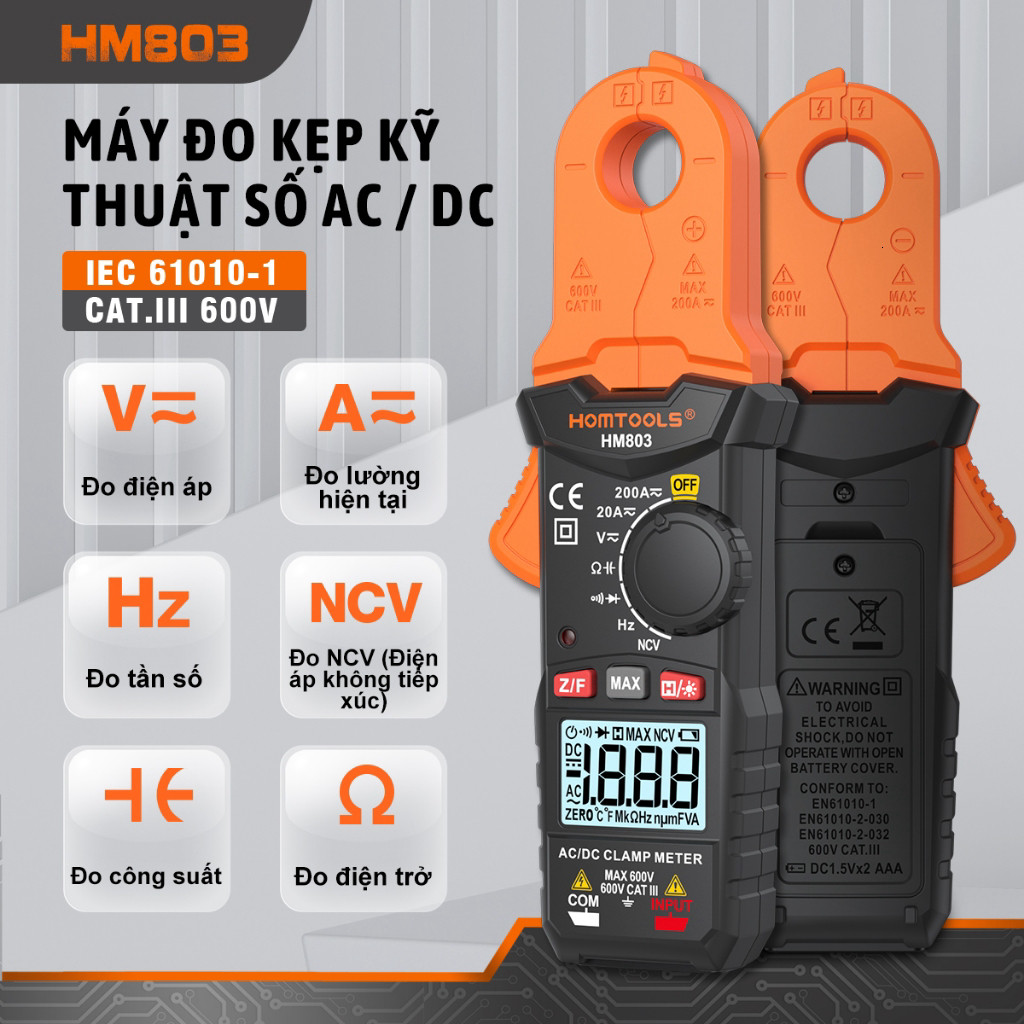 D HOMTOOLS HM803 Đồng hồ đo kẹp kỹ thuật số True RMS NCV 600V Điện áp 200A DC / AC Đồng hồ đo kẹp hi