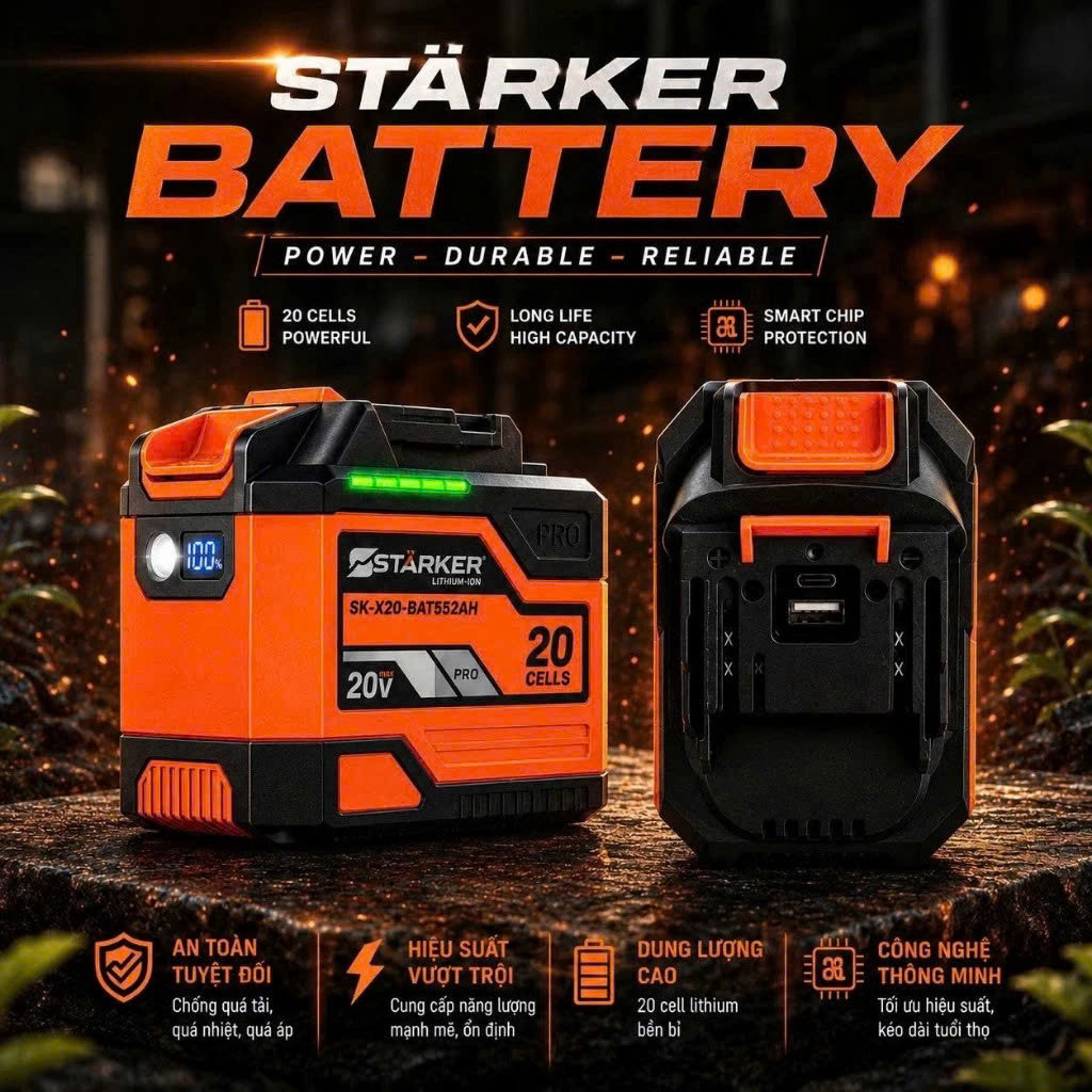 [2 CỔNG USB & TYPE C] Pin 20 Cell STARKER SK-X20-BAT552AH, Báo Led Sườn, Đèn Tín Hiệu,Mạch 4 Mosfet