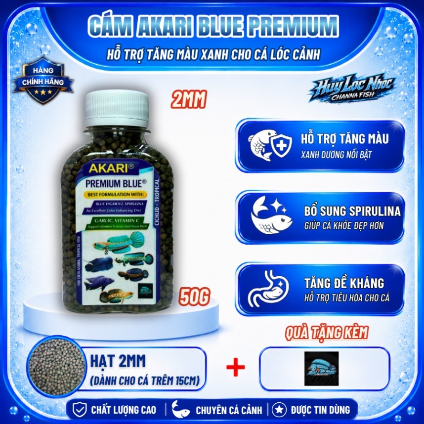 Cám AKARI Blue 2mm 50g Nhập Khẩu Indonesia Cho Cá Lóc Lạnh - Hỗ Trợ Tăng Màu Xanh, Tăng Sắc Tố, Thức
