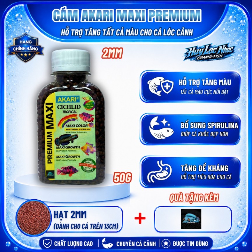 Cám AKARI Maxi 2mm 50g Nhập Khẩu Indonesia Cho Cá Lóc Lạnh - Hỗ Trợ Tăng Màu Đa Sắc, Tăng Sắc Tố, Th