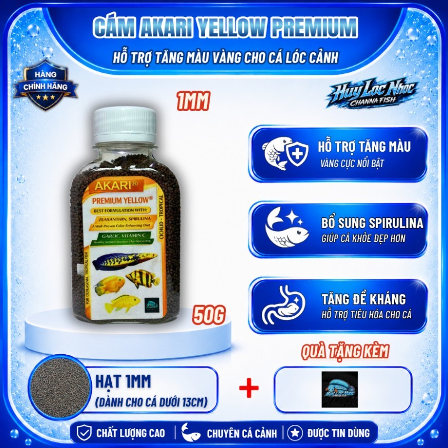 Cám AKARI Yellow 1mm 50g Nhập Khẩu Indonesia Cho Cá Lóc Lạnh - Hỗ Trợ Tăng Màu Vàng, Tăng Sắc Tố, Th