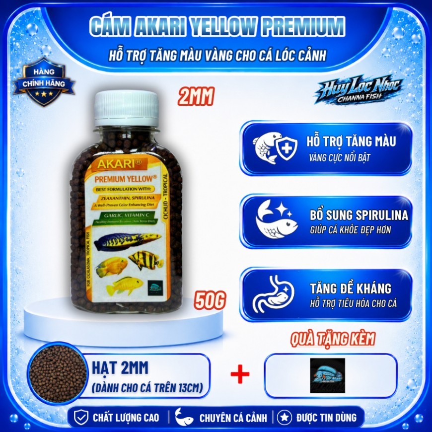 Cám AKARI Yellow 2mm 50g Nhập Khẩu Indonesia Cho Cá Lóc Lạnh - Hỗ Trợ Tăng Màu Vàng, Tăng Sắc Tố, Th