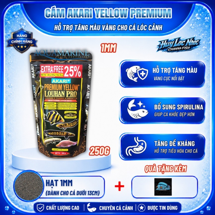 Cám AKARI Yellow 1mm 250g Nhập Khẩu Indonesia Cho Cá Lóc Lạnh - Hỗ Trợ Tăng Màu Vàng, Tăng Sắc Tố, T