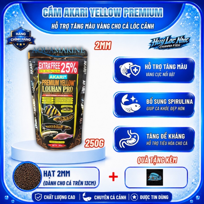 Cám AKARI Yellow 2mm 250g Nhập Khẩu Indonesia Cho Cá Lóc Lạnh - Hỗ Trợ Tăng Màu Vàng, Tăng Sắc Tố, T