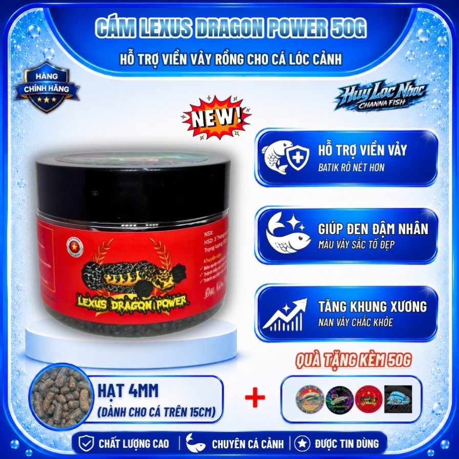 Cám Lexus Dragon Power 4mm 50g ( BẢN MỚI) Thức ăn cao cấp cho cá lóc vảy Rồng-Hỗ Trợ Màu viền vảy vư