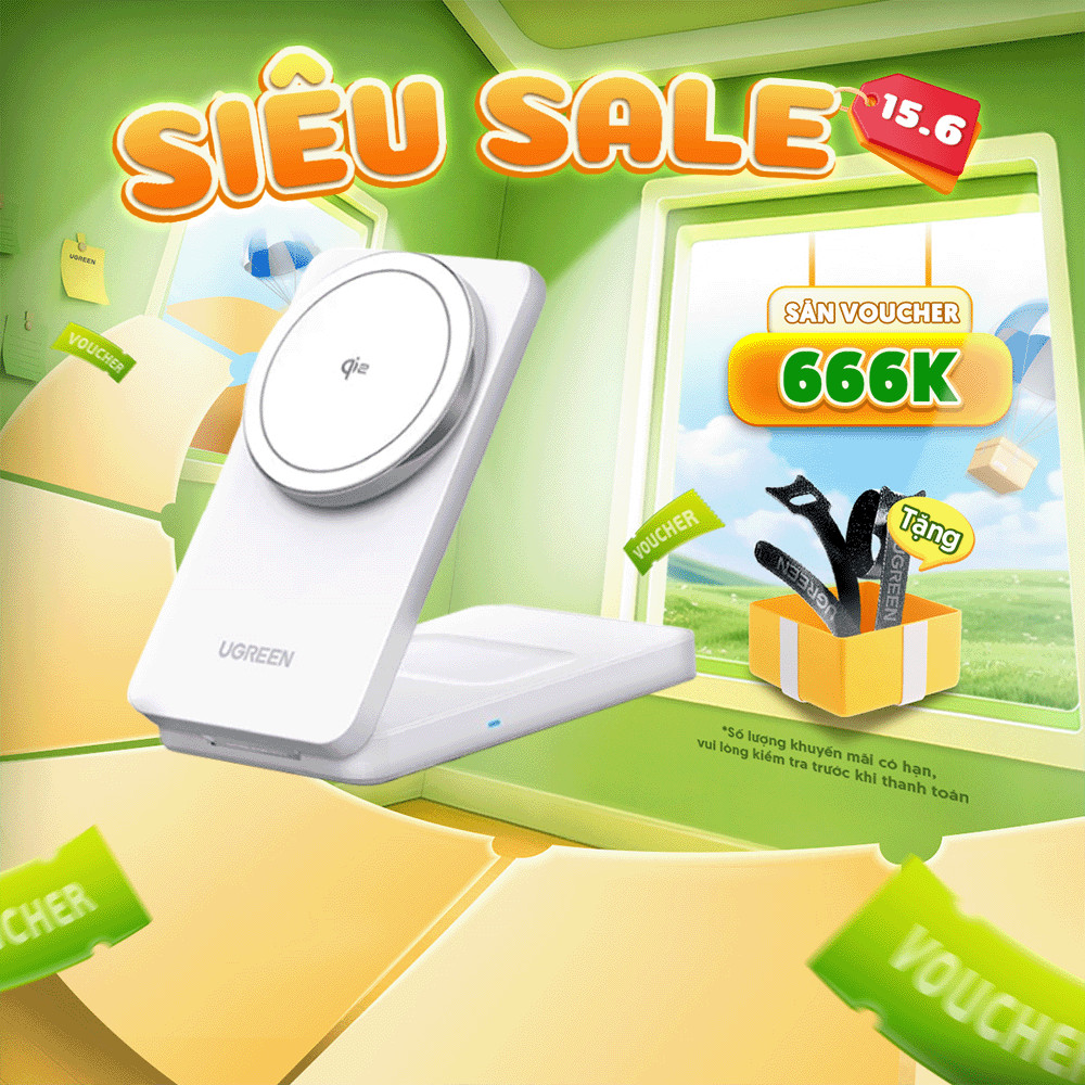Đế sạc không dây từ tính 2 in 1 Ugreen MagFlow | Công suất 20W | Thiết kế gập gọn | Bảo hành 18 thán