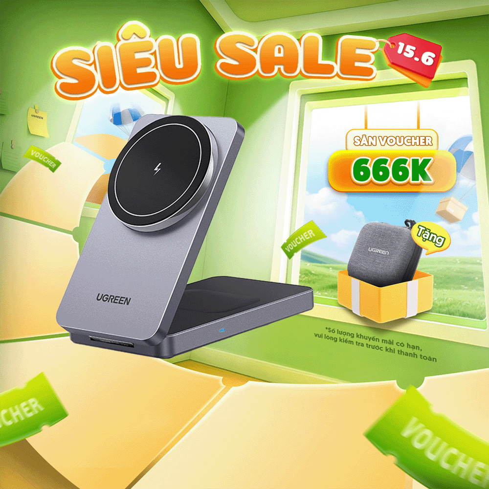 Đế sạc không dây từ tính 2 in 1 Ugreen MagFlow | Công suất 20W| Thiết kế gập gọn | Bảo hành 18 tháng