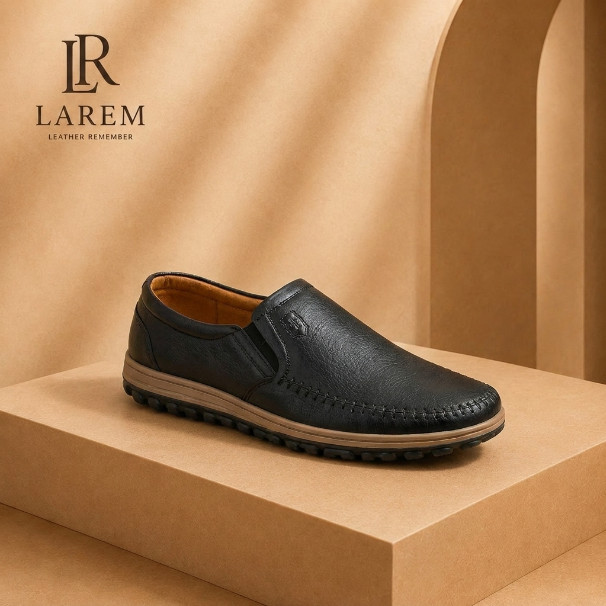 Giày Da Nam LAREM LRM-MC11 Moccasin Đen Đế Gai, Đường May Viền, Phong Cách Lịch Sự