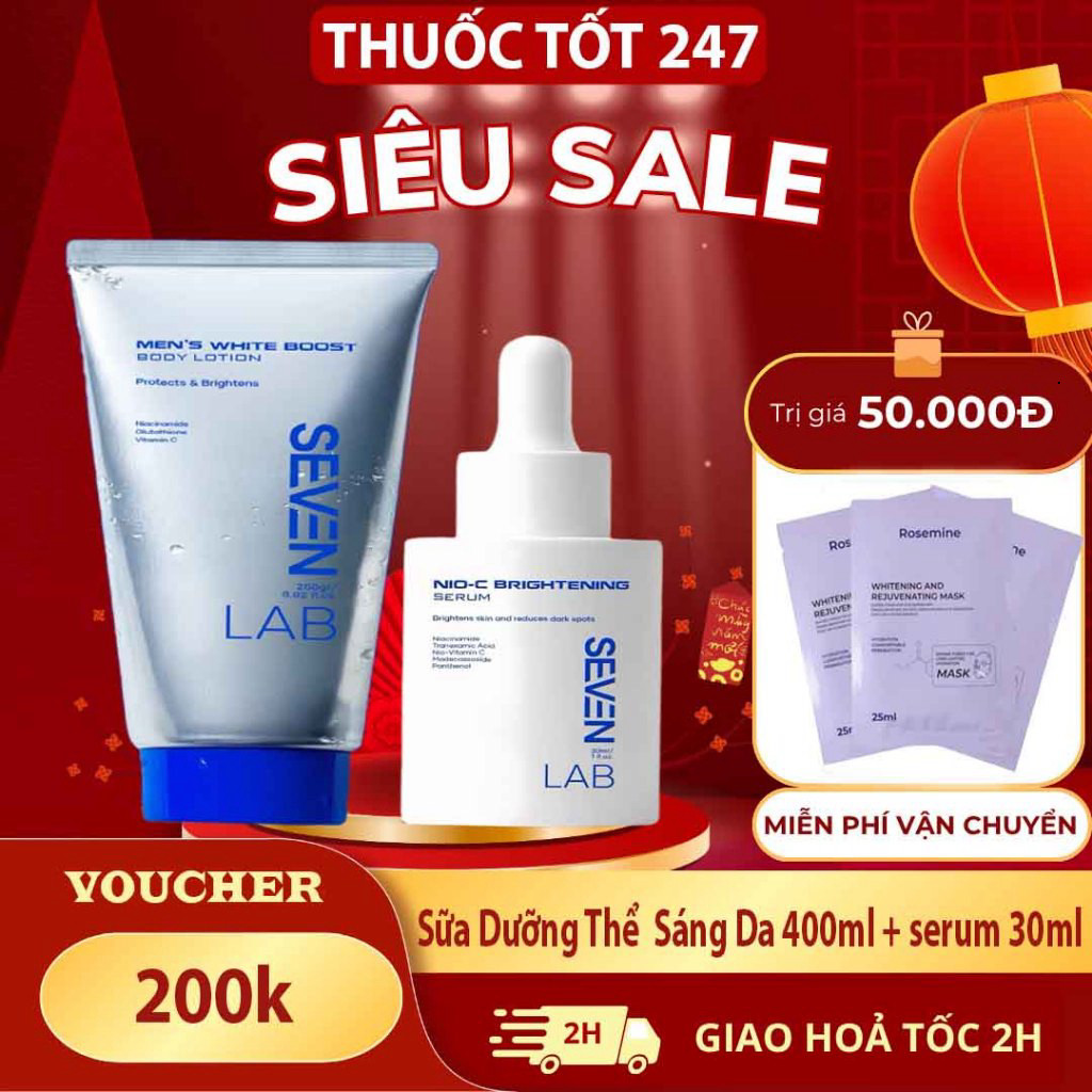 Combo sữa dưỡng thể và serum hỗ trợ trắng da nam giới Nio-C SEVENLAB hỗ trợ mờ thâm, giúp sáng da vư