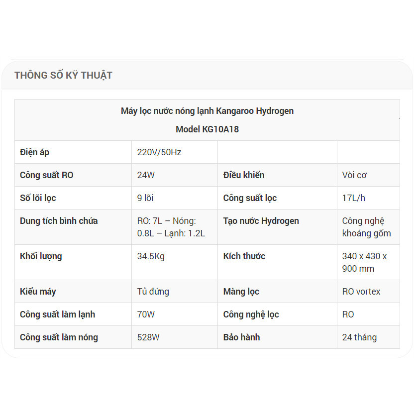[CHÍNH HÃNG] Máy lọc nước Kangaroo RO nóng lạnh nguội 10 lõi KG10A18