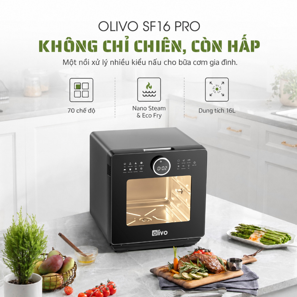 Nồi Chiên Hơi Nước OLIVO SF16 PRO Bản Có Chú Thích 16L – Nồi Chiên Hấp 70 Chức Năng