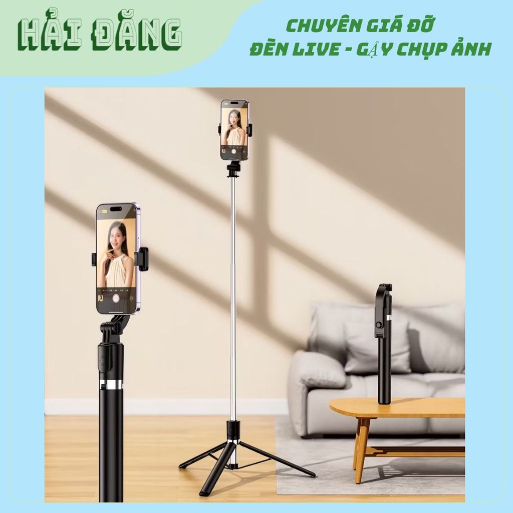 Gậy chụp ảnh selfie R1S-L 1M75 có đèn 3 chân có điều khiển từ xa, chụp ảnh, livetream, quay vlog