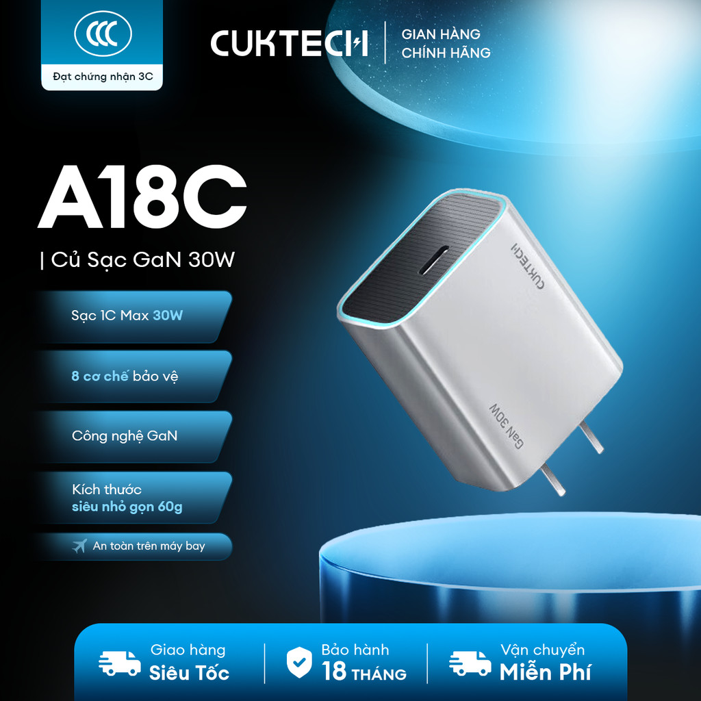 Củ Sạc GaN CUKTECH A18C 1C | Cống Suất 30W | Hỗ Trợ Sạc Nhanh | Thiết Kế Nhỏ Gọn | Bảo Hành 18 Tháng | BigBuy360 - bigbuy360.vn