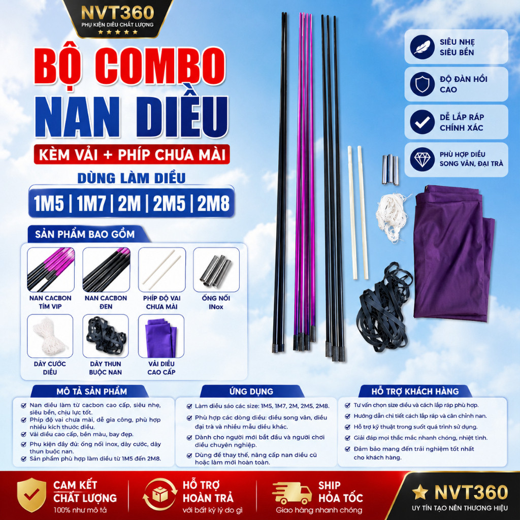 Nan Cacbon Làm Diều + Phíp Độ Vai Diều (CHƯA MÀI) Làm Khung Diều Sáo 1m5 1m7 2m 2m5 2m8 Cho Diều Son