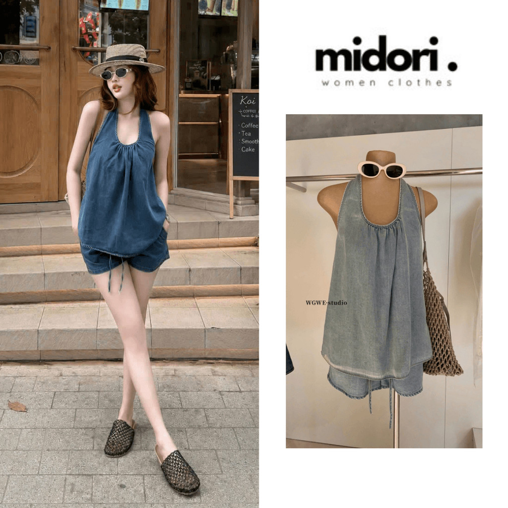 Set bò yếm QCCC kèm quần đùi form suông rộng Set hotgirl denim hot sang chảnh Midori Fashion MX89