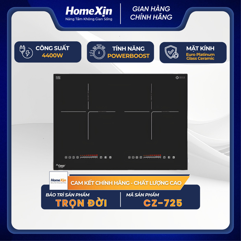 Bếp từ đôi canzy cz 725 - 2 vùng nấu, cảm ứng nhạy, mặt kính chịu nhiệt, an toàn, tiết kiệm điện