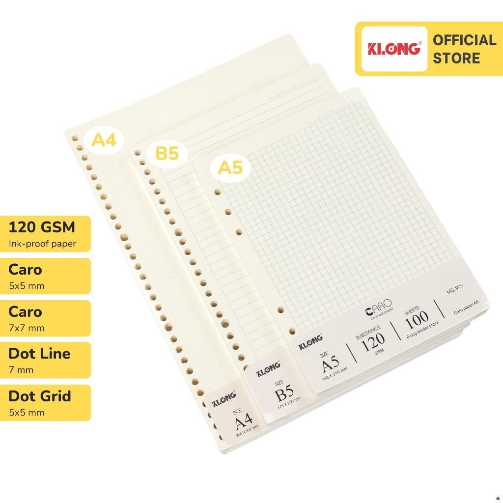 [COMBO 5 CUỐN]  Ruột sổ còng giấy refill KLONG 120GSM Caro Dot Line Dot Grid A5 B5 A4 200 trang [COM