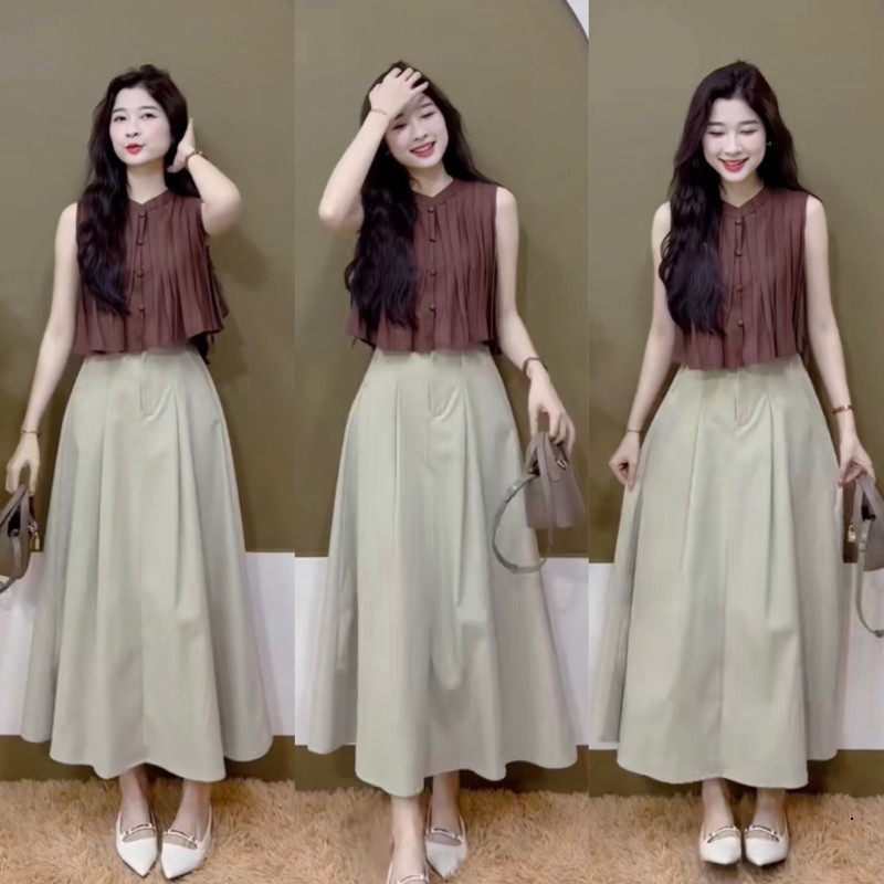 BI67- sét váy mango xếp ly, áo kiểu babydoll sát nách xếp ly đính nút, mix chân váy dáng xòe