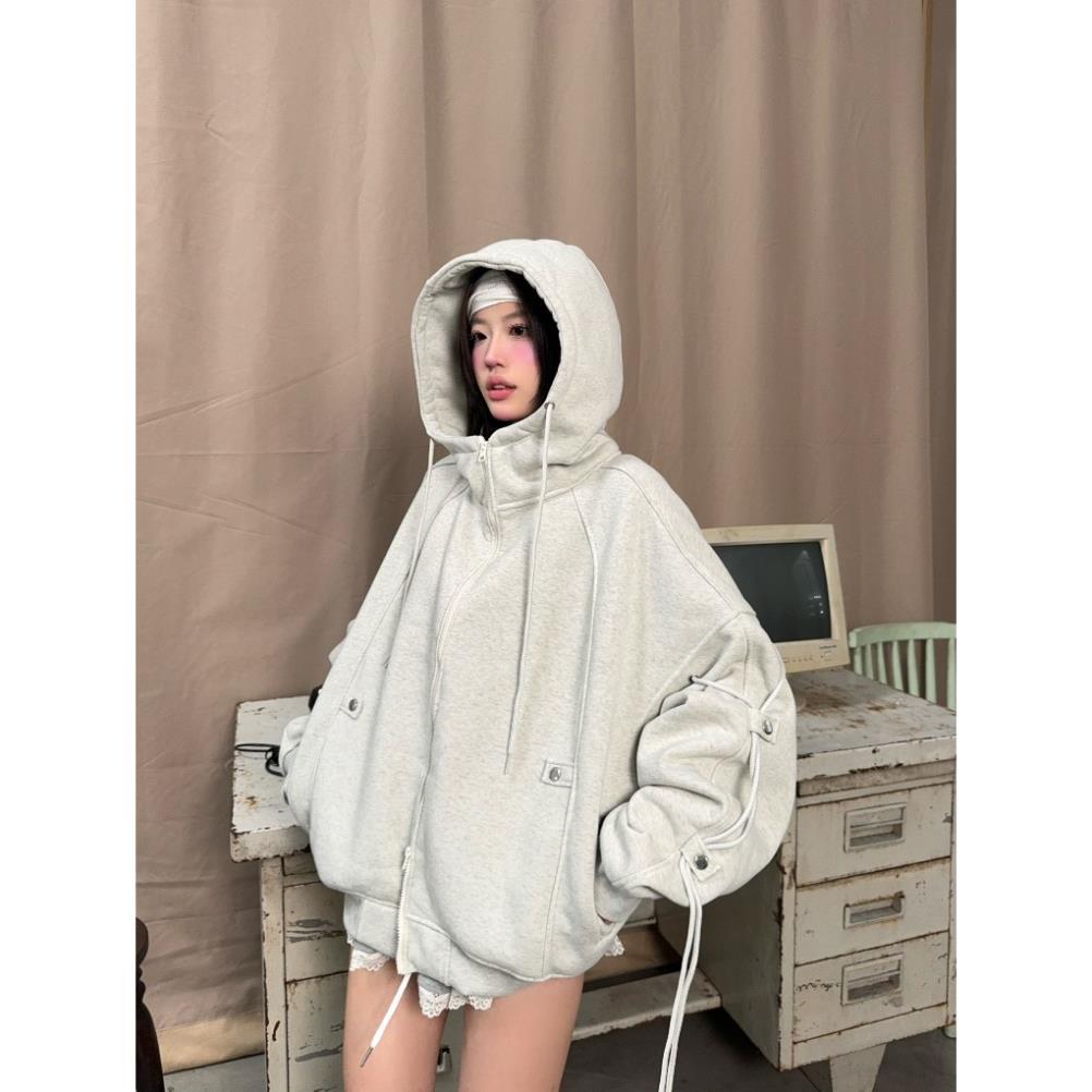 Áo Khoác Zip Cổ Cao Phối Dây Nỉ Bông Và Nỉ 2 Da Hamii - áo khoác nỉ dây kéo phối dây