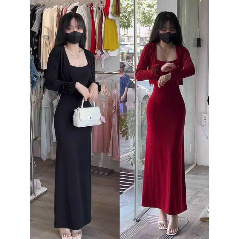 MHF2- sét đầm kèm khoác, đầm dây dáng dài, kèm áo khoác tay dài đính hoa tay, chất thun tăm