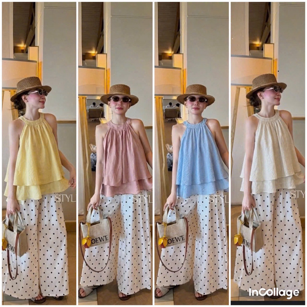 MD4- (HÌNH THẬT ) Sét bộ yếm đũi 2 tầng babydoll  mix quần suông họ tiếc chấm bi (40-60kg)