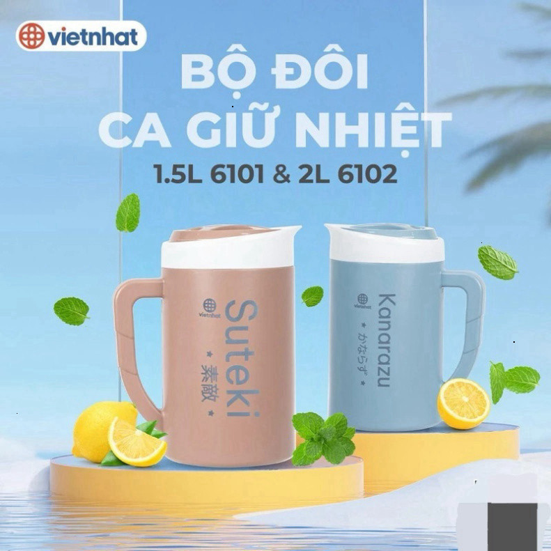 Ca đựng nước giữ nhiệt ủ nước vối, trà xanh Kanarazu nhựa Việt Nhật dung tích 1,5 lít và 2 lít G