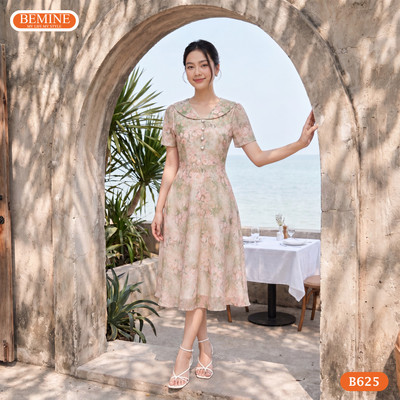 Đầm thiết kế BEMINE cổ V in hoa dáng chữ A phù hợp đi chơi-B625