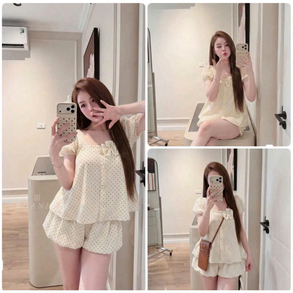 [FREESHIP] Set bộ đùi - Set bộ ngắn đáng iu, dễ thương cho nàng hẹn hò, set mango chấm bi áo cổ vuôn