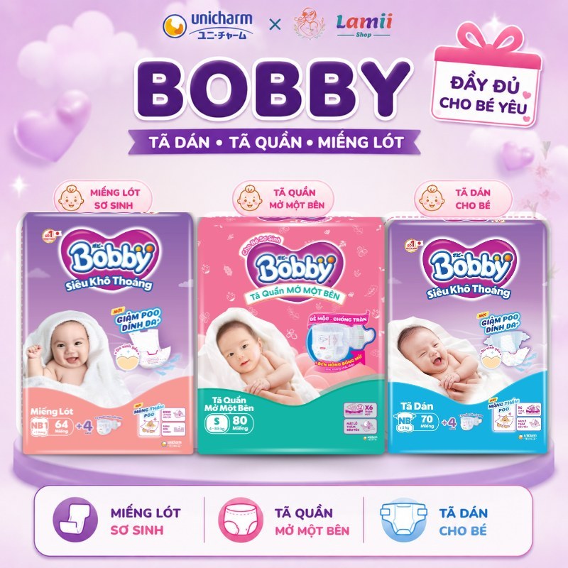 Tã dán sơ sinh Bobby Newborn /Tã mở một bên siêu mỏng 3mm Cotton-Soft M76, S80, XS70