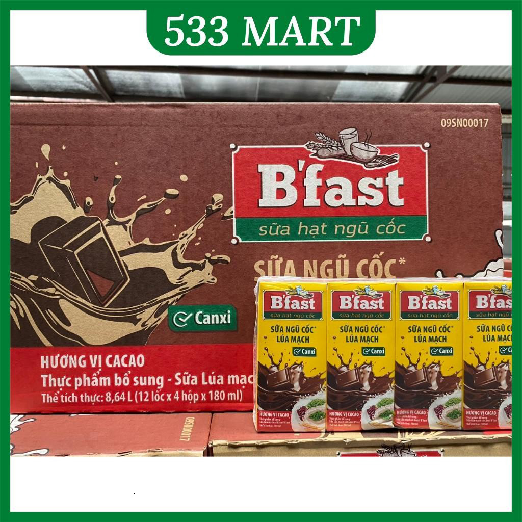 Thùng 48 Hộp Sữa Ngũ Cốc Lúa Mạch BFAST Vị Ca Cao 180ml