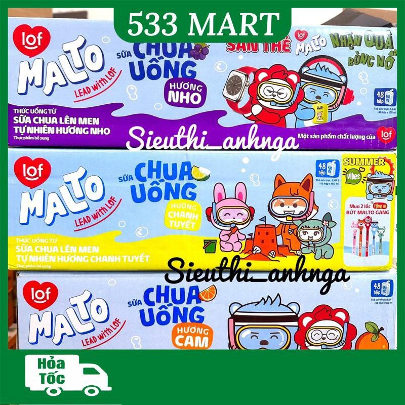 [HỎA TỐC HCM] Thùng 12 lốc sữa chua uống hương cam, nho LOF Malto 180ml x 4 hộp