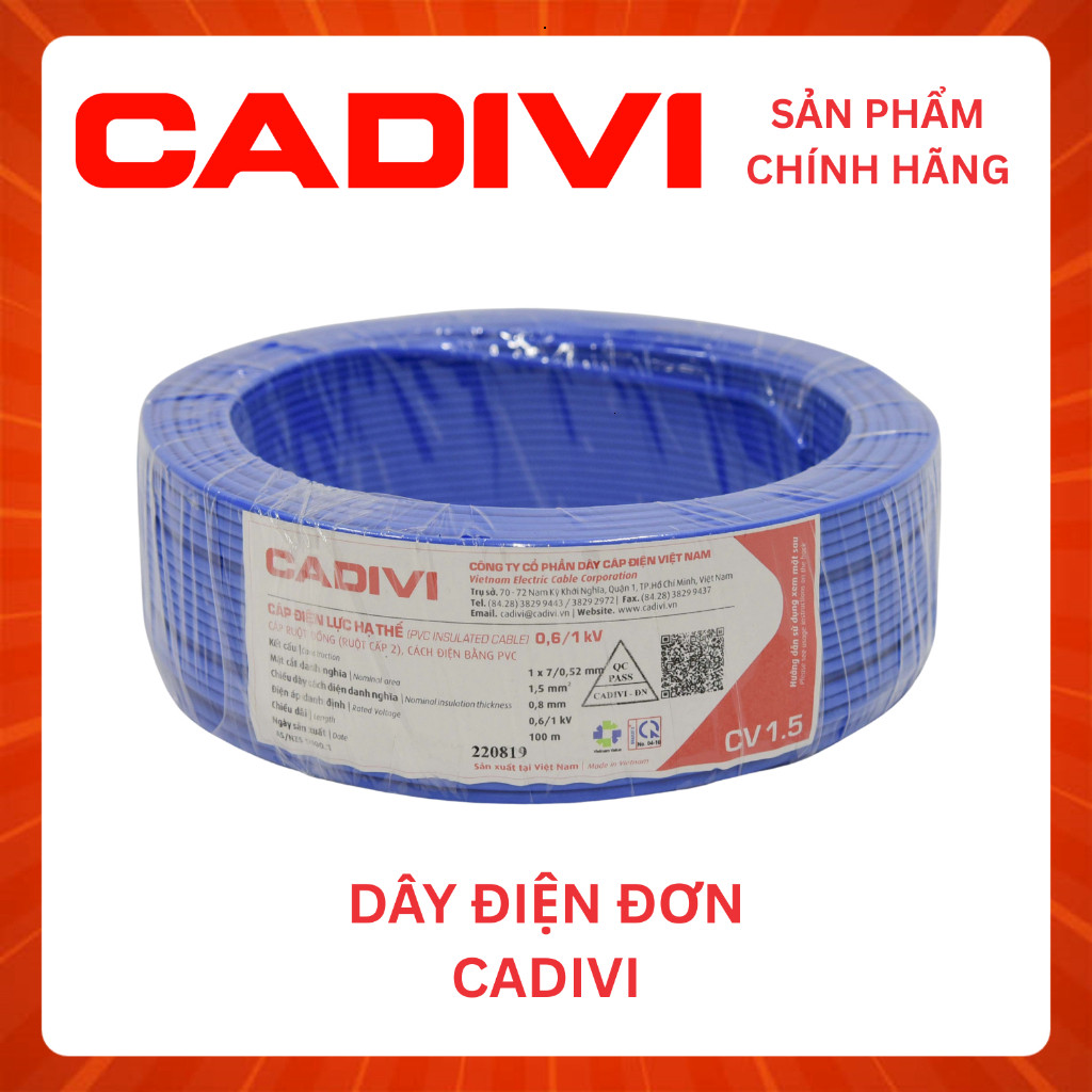 Dây Điện Đơn CADIVI CV 1.5 - CV 2.5 - CV 4.0 - CV 6.0 - CV 8.0 - Cuộn 100m - Hàng Chính Hãng