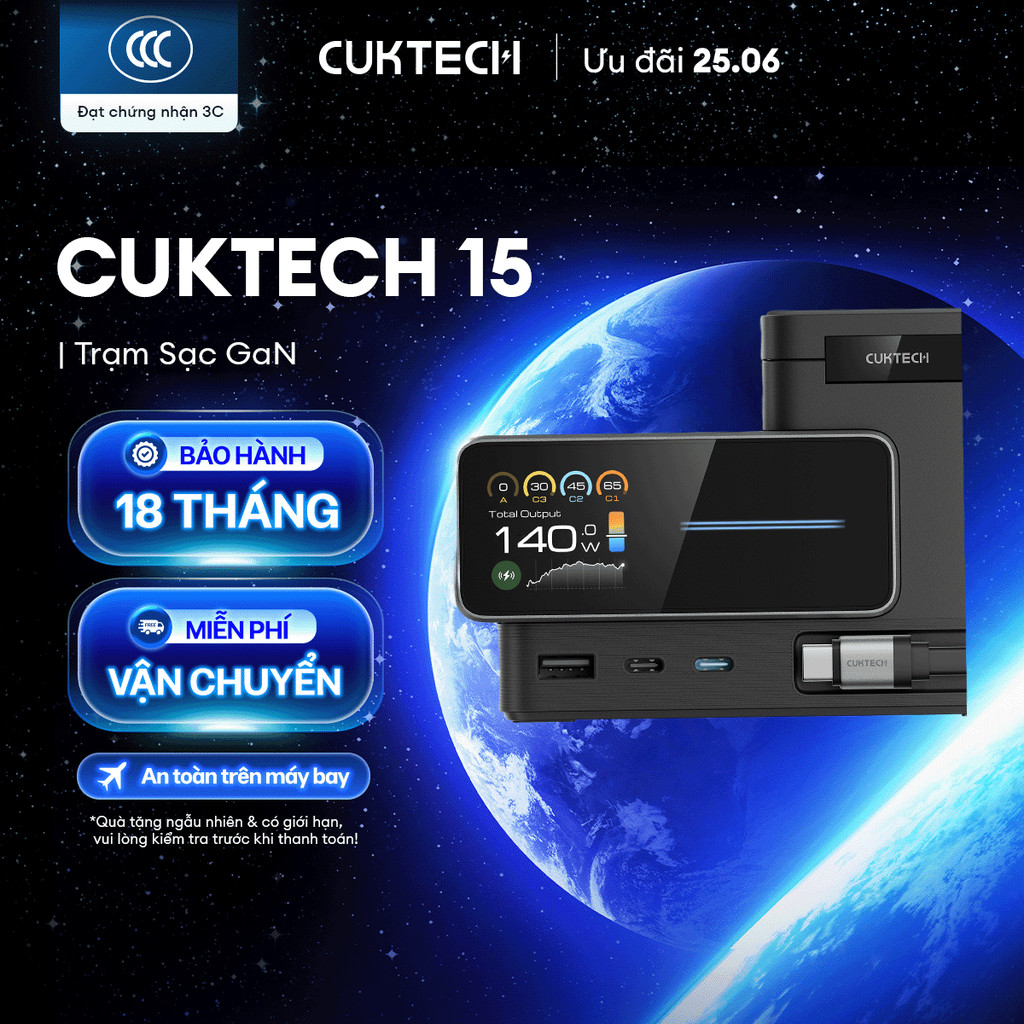 Trạm Sạc GaN CUKTECH 15 6in1 | Công Suất Max 140W | Màn Hình 1.83 Inch | Bảo Hành 18 Tháng TA1406U