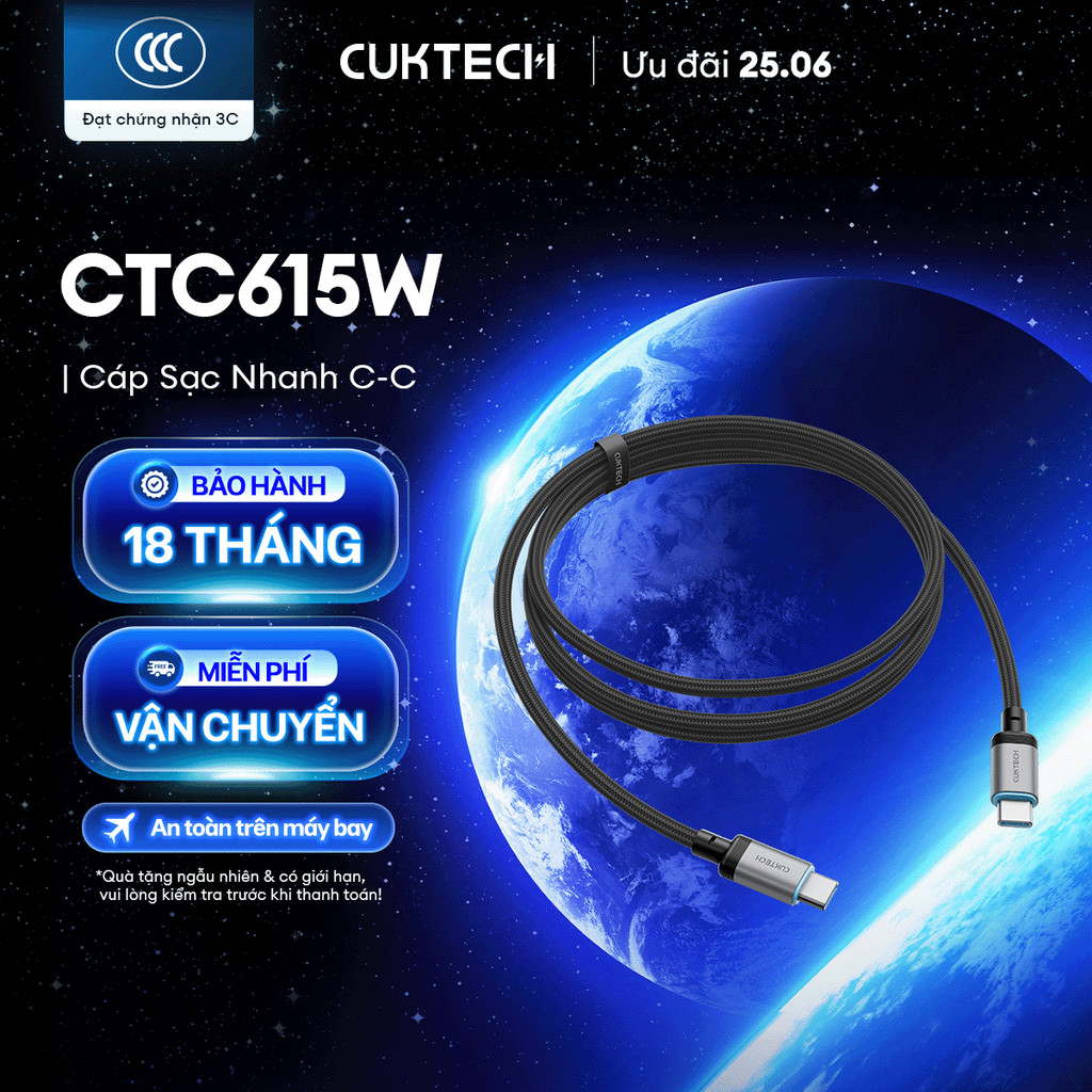 Cáp Sạc Nhanh CUKTECH CTC615W C-C 1.5m | Công Suất Sạc Max 240W (6A) | Truyền Dữ Liệu 480 Mbps | Bảo Hành 18 Tháng