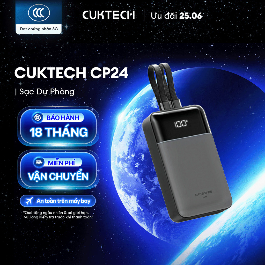 CUKTECH CP24 Sạc Di Động Kèm Cáp | Dung lượng 20.000mAh | Công Suất Max 40W | Bảo Hành 18 Tháng LPB200NL/LPB200N