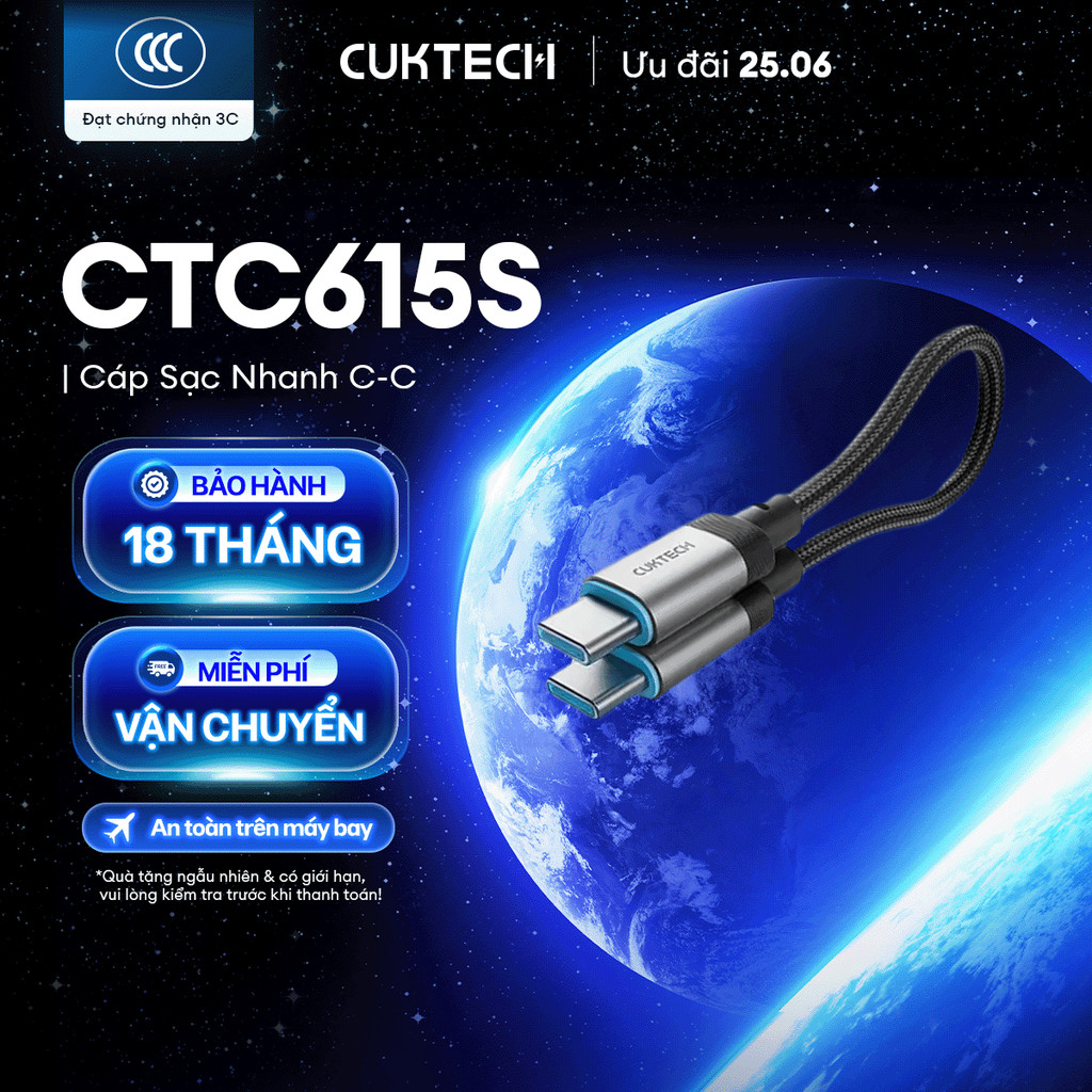 Cáp Sạc Nhanh CUKTECH CTC615S C-C | Công Suất Sạc Max 240W | Truyền Dữ Liệu 480 Mbps | Bảo Hành 18 Tháng