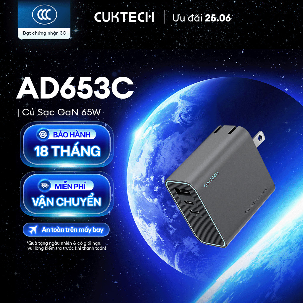 Củ Sạc GaN CUKTECH AD653C 2C1A | Cống Suất 65W Max | Hỗ Trợ Sạc Nhanh | Thiết Kế Nhỏ Gọn | Bảo Hành 18 Tháng